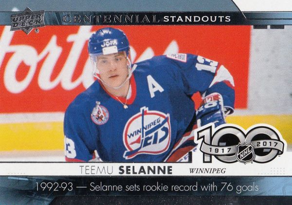 insert karta TEEMU SELANNE 17-18 UD Ser. 1 Centennial Standouts číslo CS-76